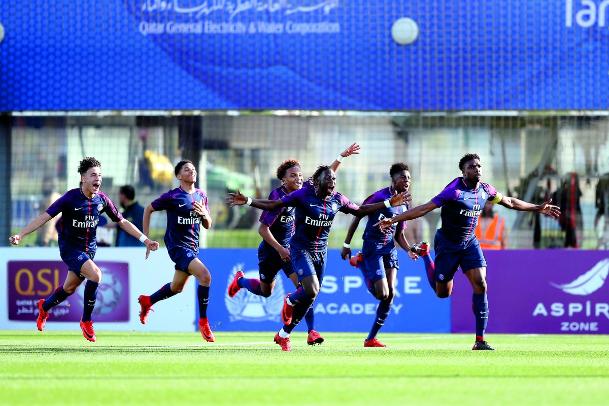 Paris Saint-Germain players celebrate after scoring against Espérance de Tunis during the first semi-final of the Al Kass 2018 Tournament at the Aspire Training Pitch in Doha yesterday. PSG beat the Tunisian side 4-2.