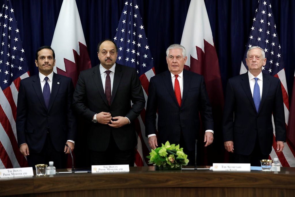 US Secretary of State Rex Tillerson (2nd R) and Defense Secretary Jim Mattis (R) pose with Qatari Foreign Minister Sheikh Mohammed bin Abdulrahman Al Thani (L) and Defense Minister Khalid bin Muhammad al-Attiyah before the opening session of the inaugural