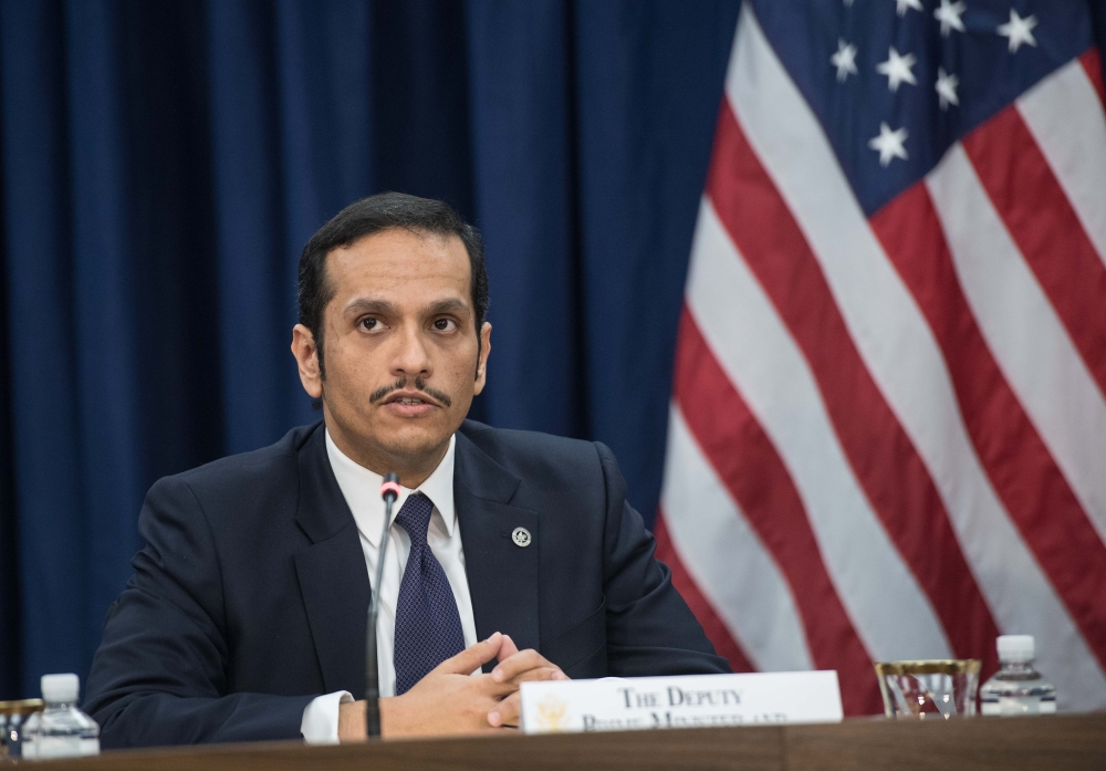 (FILE PHOTO) Qatari Foreign Minister HE Sheikh Mohammed bin Abdulrahman al-Thani speaks prior to signing agreements with the US at the State Department in Washington, DC, on January 30, 2018. / AFP / NICHOLAS KAMM