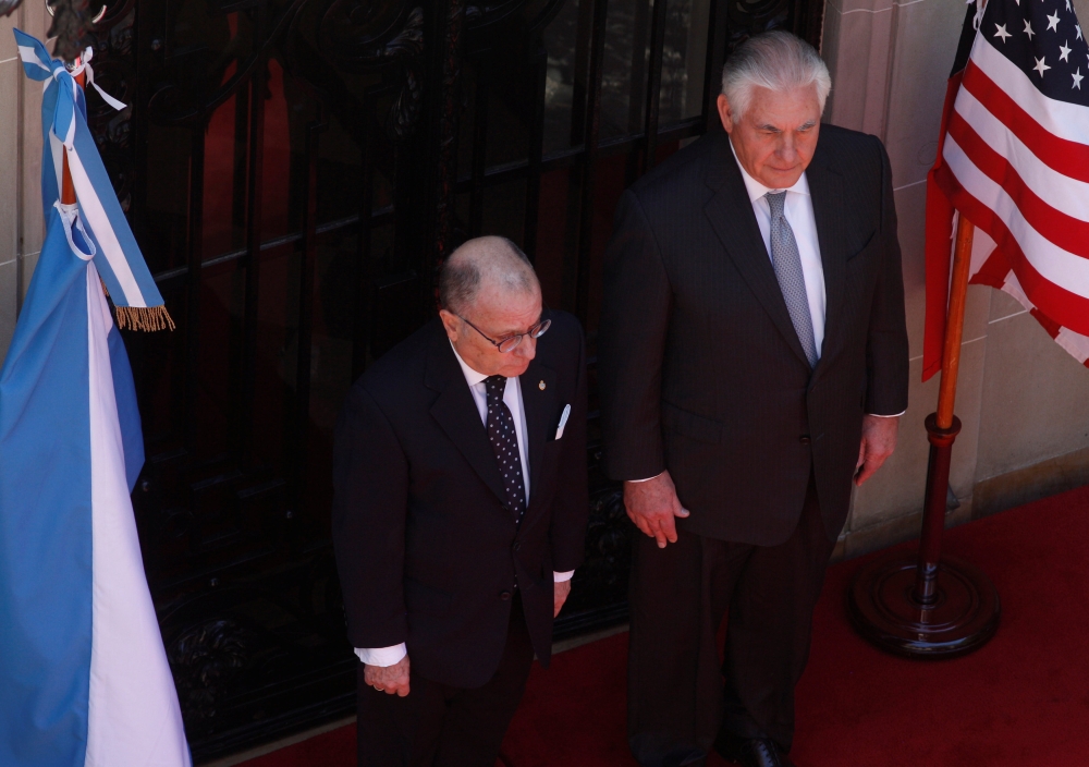 U.S. Secretary of State Rex Tillerson pays homage to Argentine hero Jose de San Martin alongside Argentina's Foreign Minister Jorge Faurie at San Martin Palace in Buenos Aires, Argentina February 4, 2018. Reuters/Martin Acosta