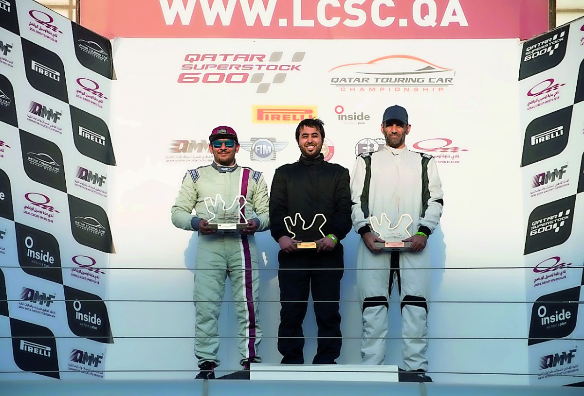 The podium winners after the second race at Losail International Circuit on Saturday.  