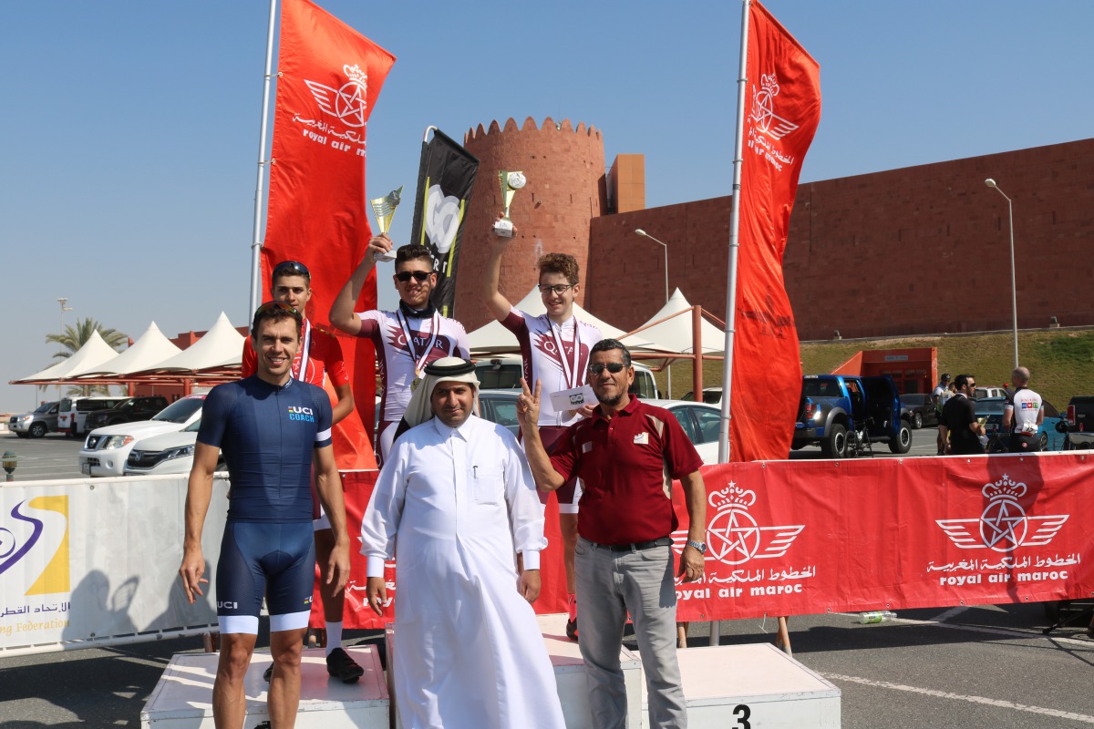 The podium winners at the fifth stage of the Royal Air Maroc Cycling League at Al Ruwais. 
