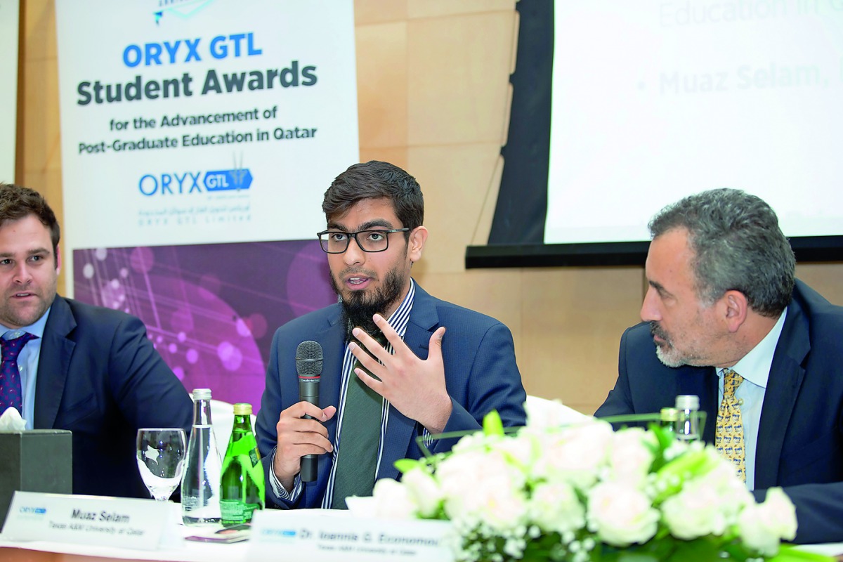 Graduate student Muaz Salem and others at a panel discussion on pursuing graduate studies during Texas A&M at Qatar’s annual Graduate Studies Open House.
