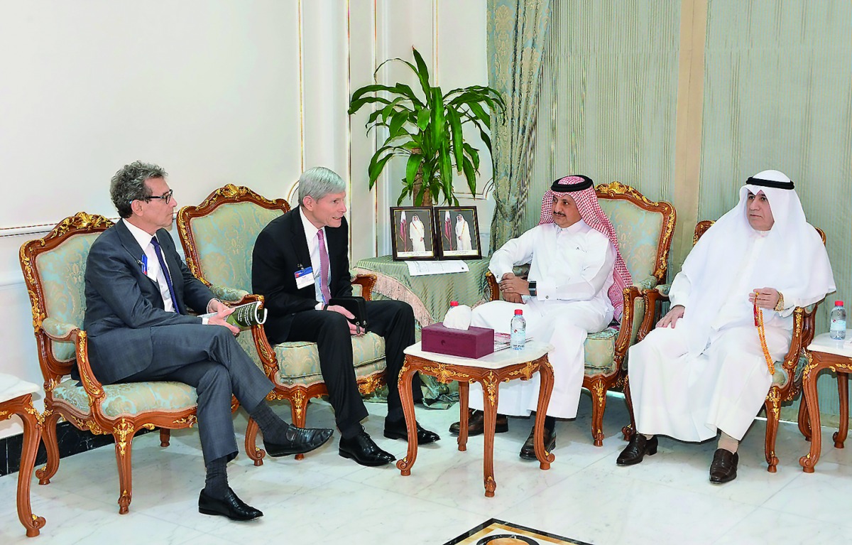 Sheikh Khalifa bin Jassim Al Thani (second right), Qatar Chamber Chairman during his meeting with  the BENS delegates led by its President and CEO Norton Schwartz (second left), at Qatar Chamber headquarters, yesterday.