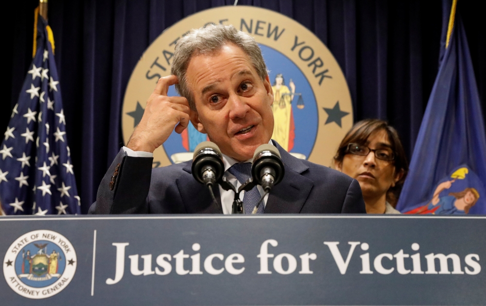 New York Attorney General Eric Schneiderman speaks during a news conference to discuss the civil rights lawsuit filed against The Weinstein Companies and Harvey Weinstein in New York, February 12, 2018. Reuters/Brendan McDermid