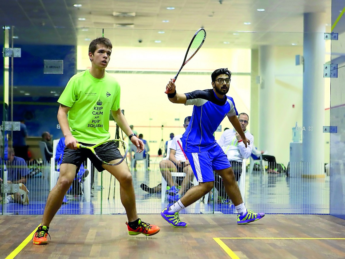 Qatar's Syed Azlan Amjad (right) in action during the second Aspire Academy Professional Squash Association Satellite Tournament at the Academys' squash courts in this March 2017 file picture. 