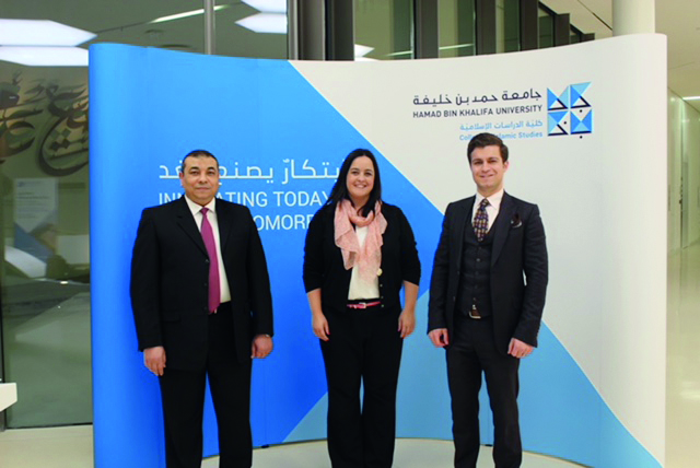 Ashraf Feshawi, guest speaker and partner at Sultan Al Abdulla and Partners, with the staff of HBKU at the venue in HBKU where he delivered a special lecture for students. 