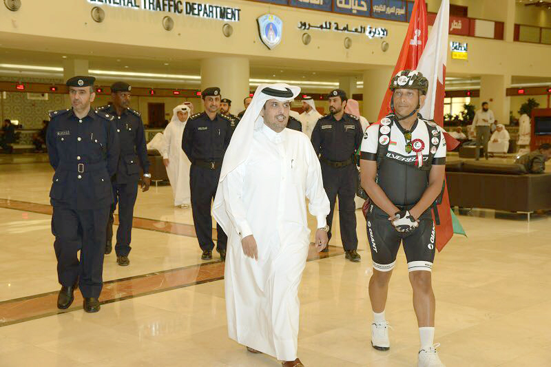 Lieutenant Colonel Mohammed Radi Al Hajri, Director of Media and Traffic Awareness, with other officials, receiving Omani traveller, Bader Al Qataity, at the General Directorate of Traffic headquarters recently. 