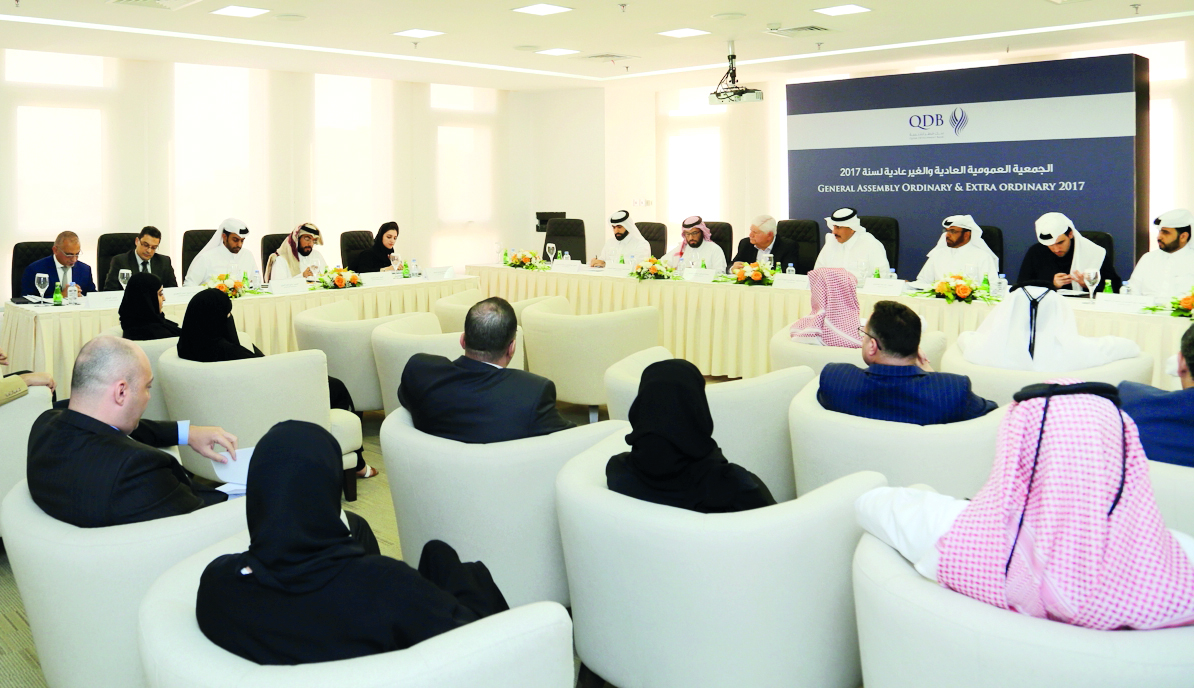 H E Sheikh Abdullah bin Saoud Al Thani, Governor of Qatar Central Bank, addressing QDB’s general assembly meeting.