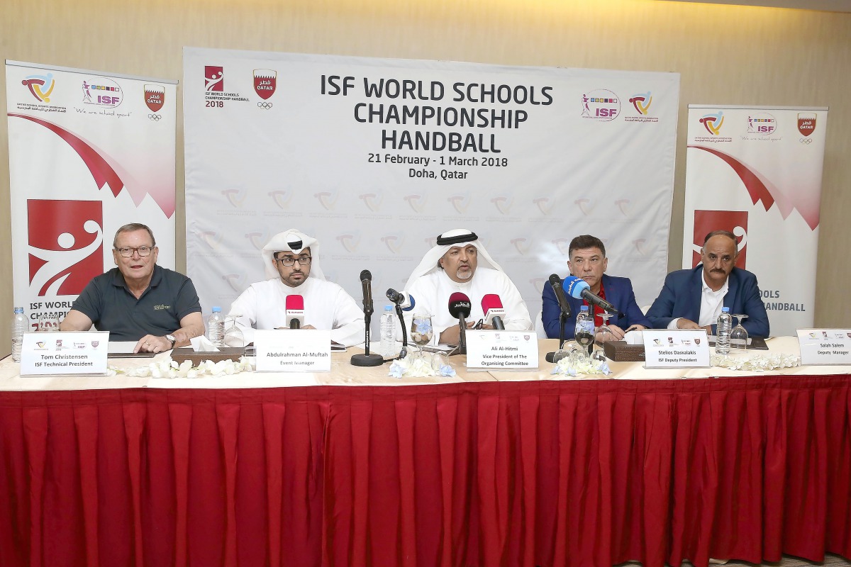 Qatar School Sports Association Secretary General Ali Ahmed Al Hitmi addressing a press conference ahead of the ISF World Schools Handball Championships which begins in Doha tomorrow.