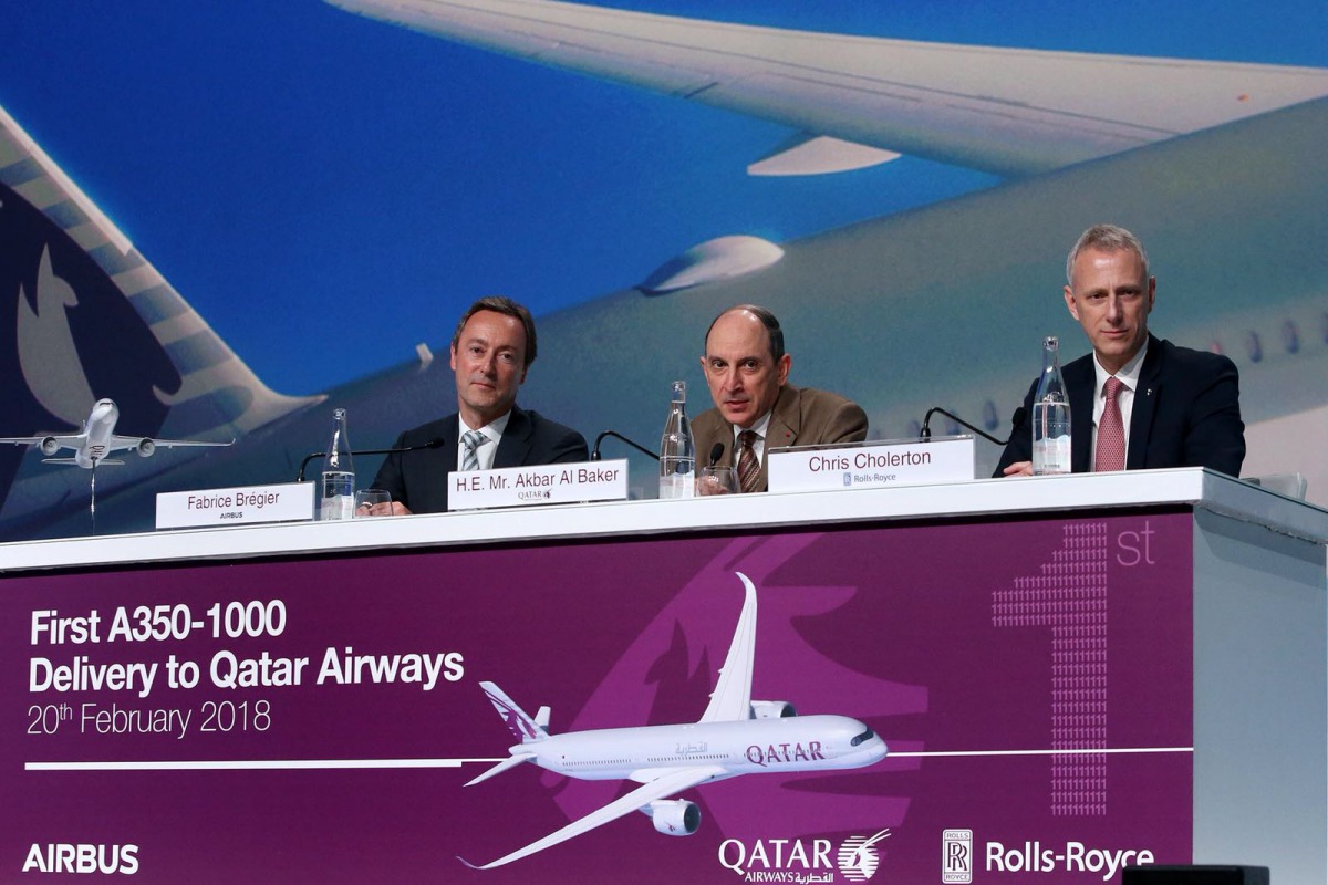 Qatar Airways Group Chief Executive, Akbar Al Baker, at a press conference in Toulouse to mark the delivery of the spectacular state-of-the-art aircraft to Qatar Airways, in the presence of Airbus President and Chief Operating Officer, Fabrice Brégier; an