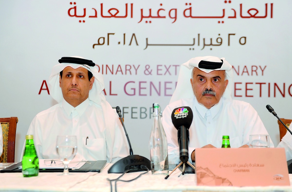 Abdullah bin Khalifa Al Attiya (right),Deputy Chairman of the Board of Directors, QIC  Group; with Sheikh Hamad bin Faisal bin Thani Al Thani, Board Member, during the Group’s Annual General Meeting, yesterday.  Pic: Abdul Basit/The Peninsula