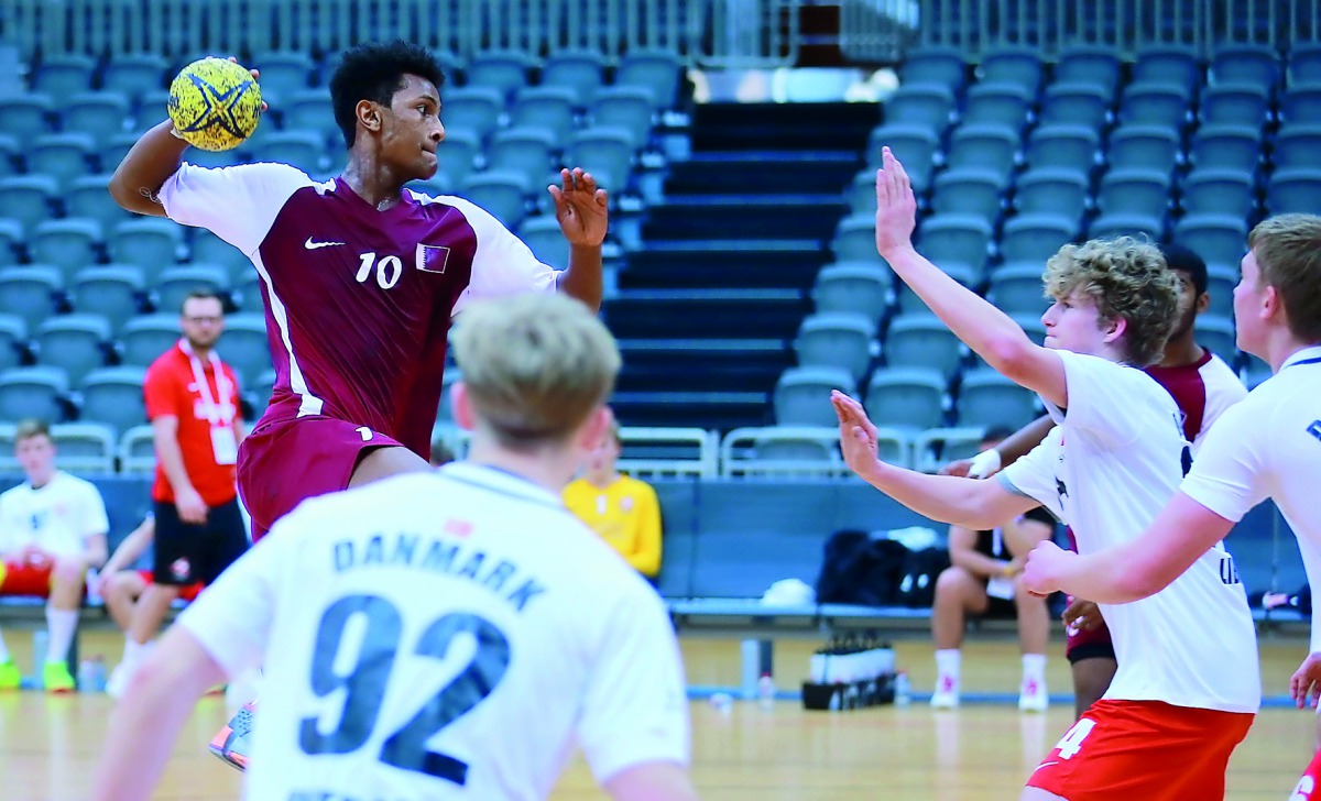 Action from ISF World Schools Handball Championships match between Qatar and Denmark yesterday.