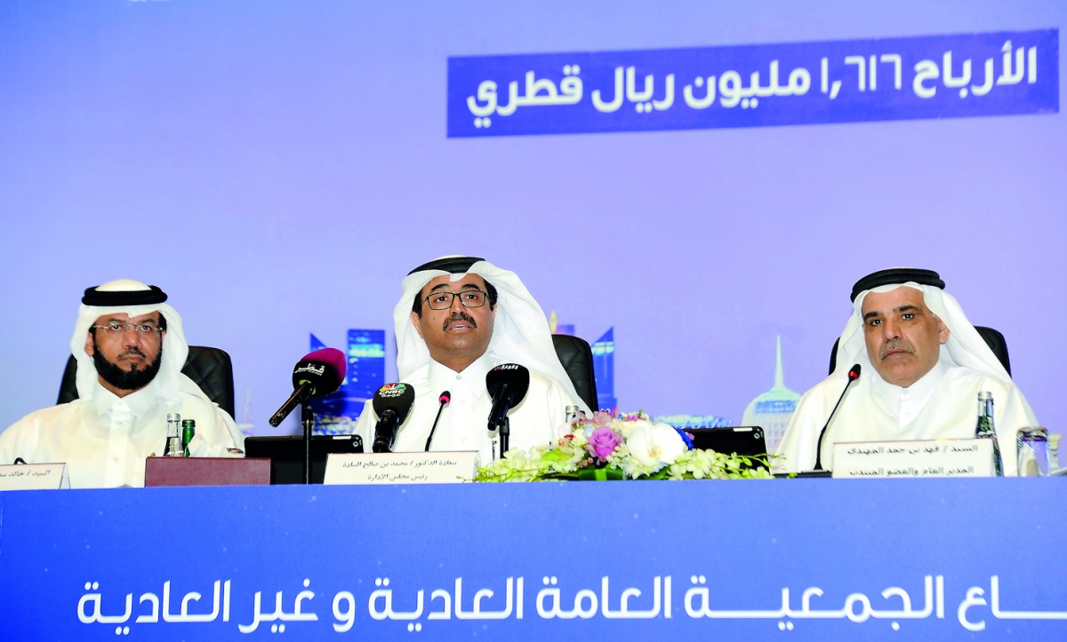 The Minister of Energy and Industry and Chairman of Qatar Electricity and Water Company (QEWC), H E Dr Mohammed bin Saleh Al Sada (centre); with Vice Chairman Khalid bin Said Al Rumaihi (left); and Managing Director, Fahad Hamad Al Mohannadi; attending th