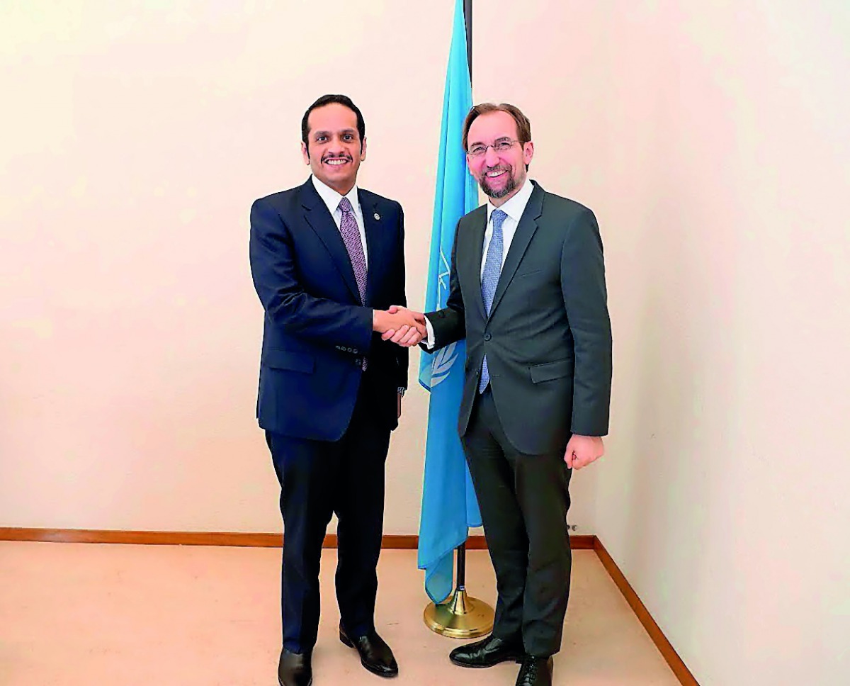 Deputy Prime Minister and Foreign Minister H E Sheikh Mohamed bin Abdulrahman Al Thani with UN High Commissioner for Human Rights, Prince Zeid bin Ra’ad Al Hussein, in Geneva yesterday.