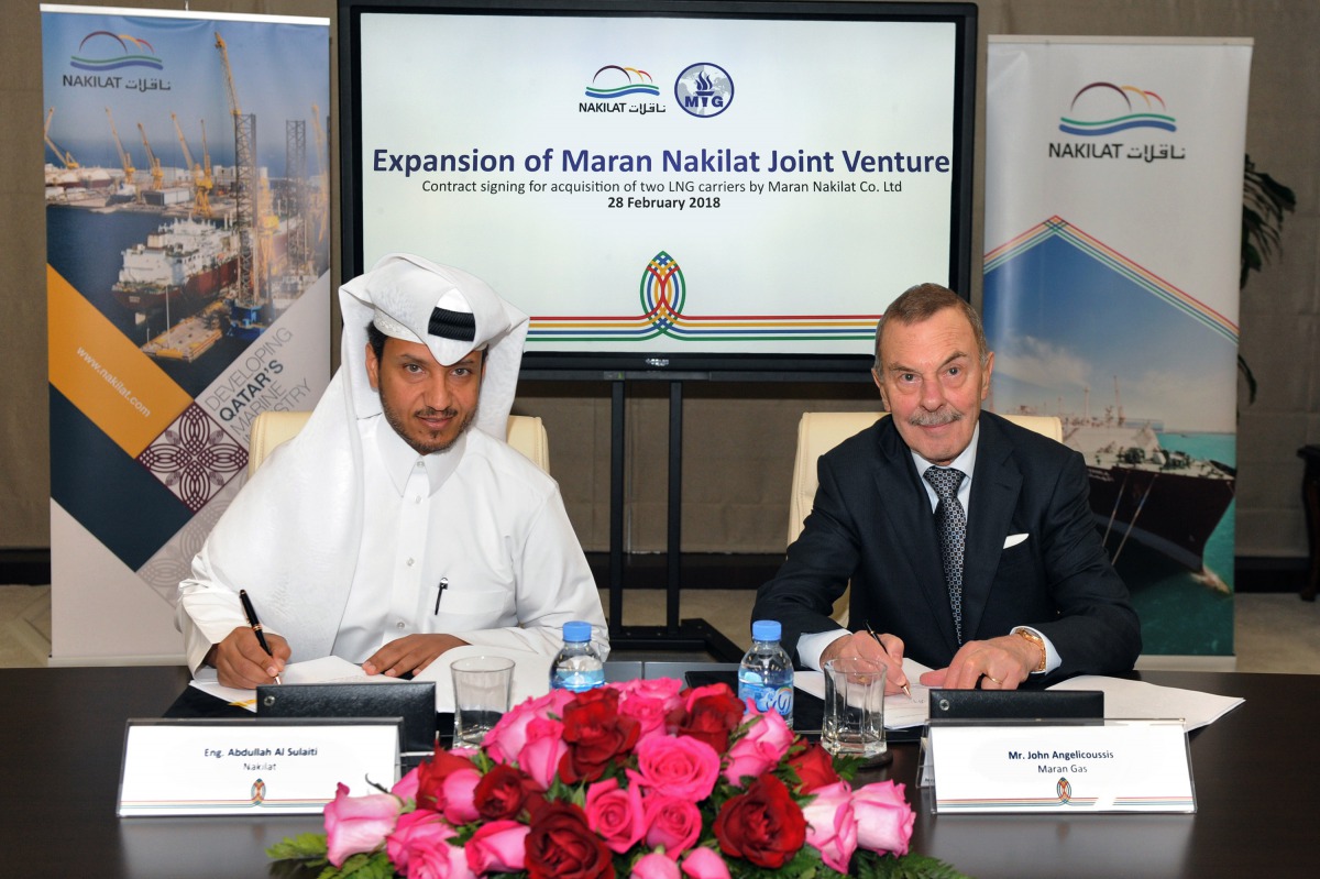The Chief Executive Officer of Nakilat, Abdullah Al Sulaiti (left) and Chairman of Maran Gas, John Angelicoussis at the signing ceremony.