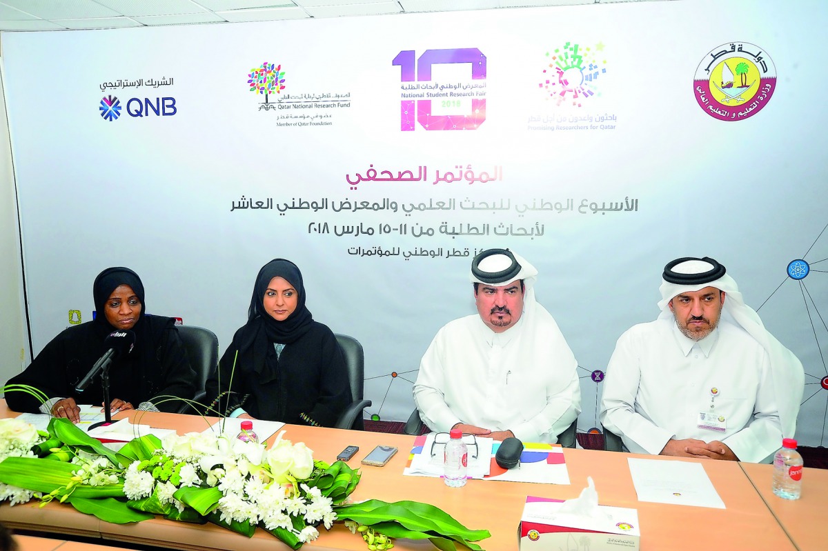 Dr Asma Al Mohannadi (left), Head of Scientific Research Skills team at the Ministry of Education; Fawzia Al Khater (2nd left), Assistant Undersecretary for Educational Affairs at the Ministry; Dr Abdulla Al Kamali, Special Programmes Manager, QNRF and Ha