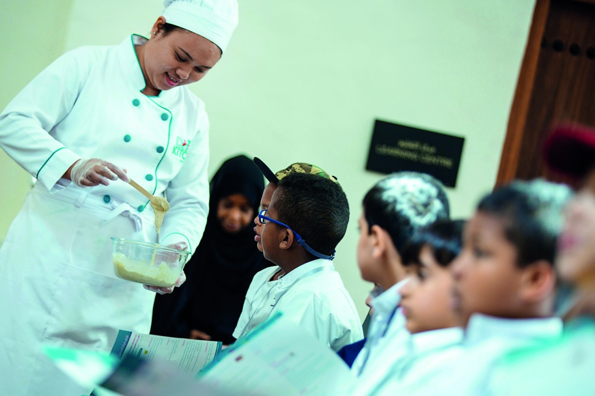 Schoolchildren participate in the healthy food and nutrition awareness programme organised  at Msheireb Museums as part of this year’s Qatar International Food Festival.