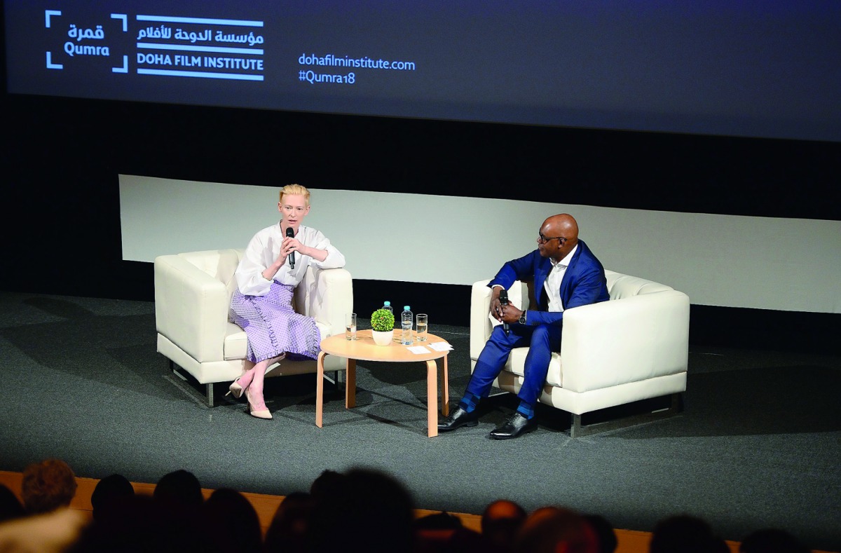 Oscar-winning actress Tilda Swinton addressing people at the Museum of Islamic Art Auditorium.