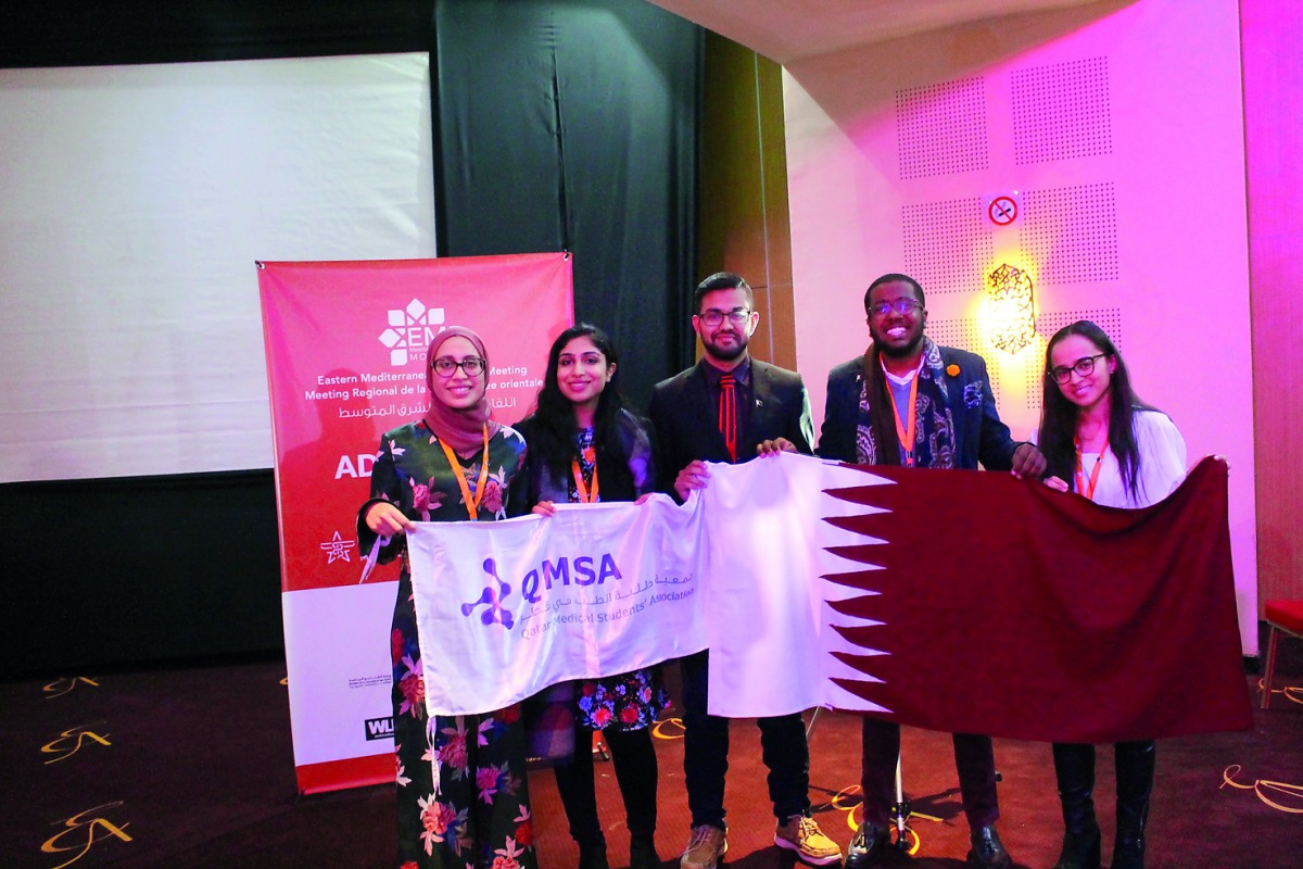 The students of Weill Cornell Medicine-Qatar and members of Qatar Medical Students Association (QMSA), Priyamvada Pillai (second left) and Abdullah Tom (second right) pose at  the 14th Congress of IFMSA of the Mediterranean and East Region in Morocco. 