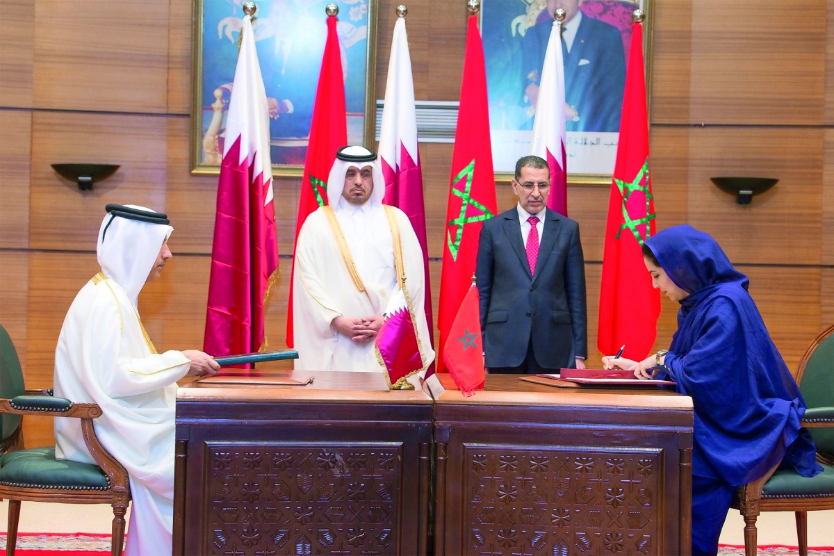 Prime Minister and Interior Minister H E Sheikh Abdullah bin Nasser bin Khalifa Al Thani and the Prime Minister of the Kingdom of Morocco, Saad Eddine El Othmani witnessing the signing of agreements.