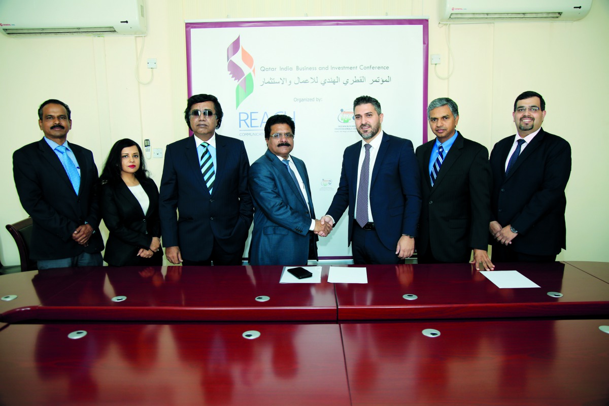 P Kumaran (second right), Ambassador of India to Qatar; KM Varghese (left), President of IBPC; Wahab Bou Hamdan (second left), CEO at Reach Events and other officials during the launch of Qatar India Business and Investment Conference (QIBIC).