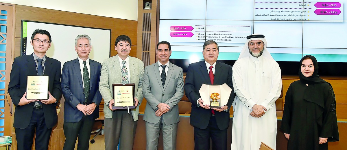 The Ambassador of Japan to Qatar, Seiichi Otsuka (third right), and  QU-CED Dean Dr Ahmed Al Emadi (second right), with other officials. 
