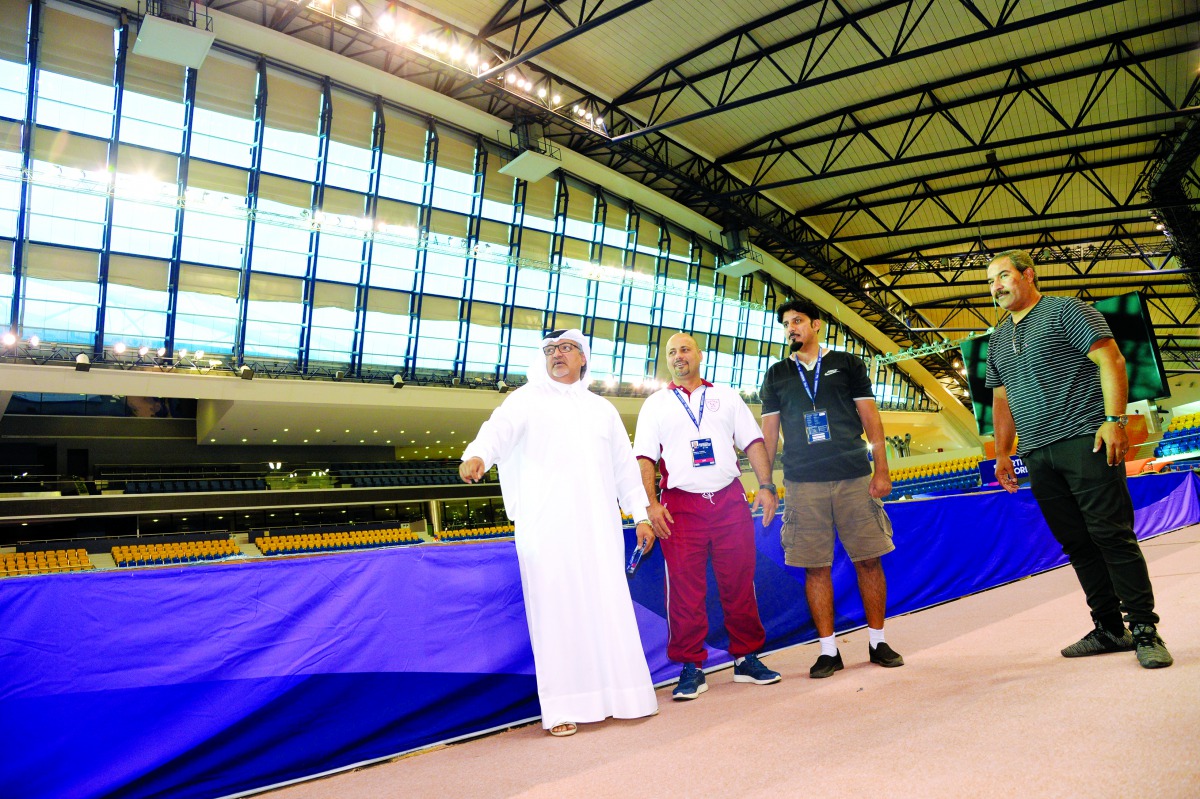 Qatar Gymnastics Federation (QGF) President Ali Al Hitmi (left) and officials during a visit to Aspire Dome ahead of the 11th FIG Artistic Individual World Cup, which starts tomorrow.