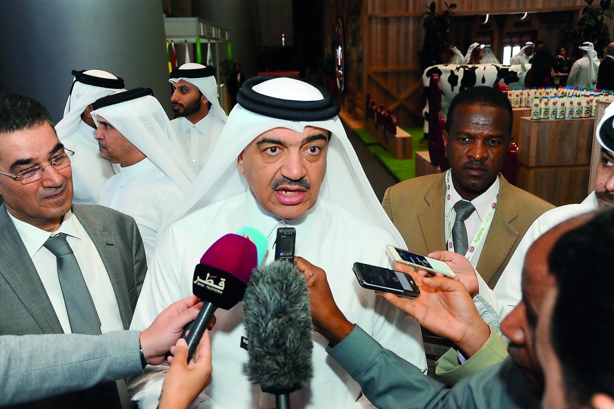 Minister of Municipality and Environment, H E Mohammed bin Abdullah Al Rumaihi, speaking to media at the 6th Qatar International Agricultural Exhibition & Conference ‘AgriteQ’ at Doha Exhibition & Convention Centre (DECC) yesterday. 
