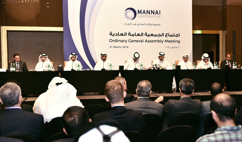 Mannai Corporation’s Board members and other officials at the company’s AGM, yesterday.   