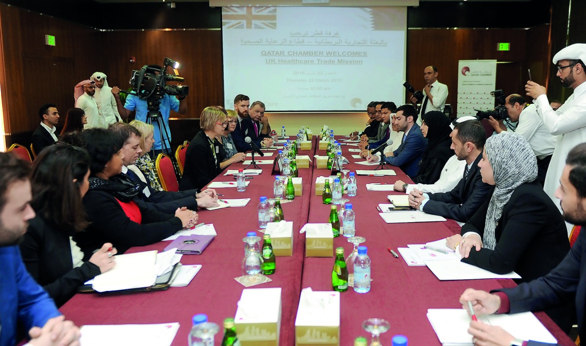 Ibtihaj Al Ahmadani, board member of Qatar Chamber; Deborah Kobewka, Managing Director of HealthcareUK and head of the trade mission, with other officials during the meeting with British business mission at Qatar Chamber headquarters in Doha yesterday. Pi