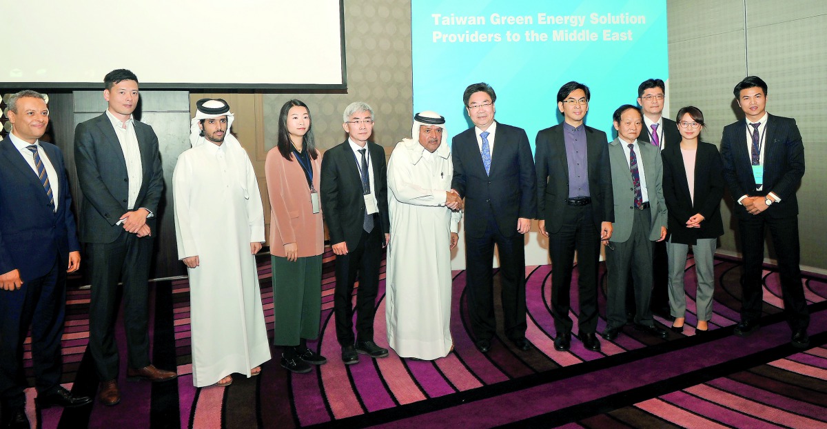 Sheikh Faisal bin Qassim Al Thani (fourth left), QBA Chairman;  Dr Suo-Hang Chuang (centre), Vice Chairman, TAITRA; and other officials during  the  ‘Taiwan Green Energy Solution Providers to Qatar’ Seminar,  held at City Center Rotana yesterday. Pic: Kam