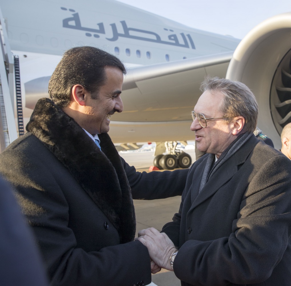 Emir H H Sheikh Tamim bin Hamad Al Thani arrived yesterday in Moscow for a working visit to the Russian Federation. Russian Deputy Foreign Minister and special envoy of Russian President Vladimir Putin on Middle East Mikhail Bogdanov, and a number of dign