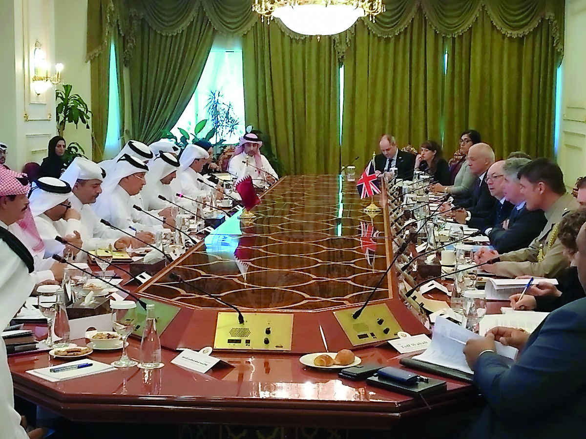 Minister of State for Foreign Affairs, H E Sultan bin Saad Al Muraikhi, and the UK Minister of State for the Middle East, Alistair Burt, at the fourth meeting of Qatar-UK strategic dialogue yesterday.