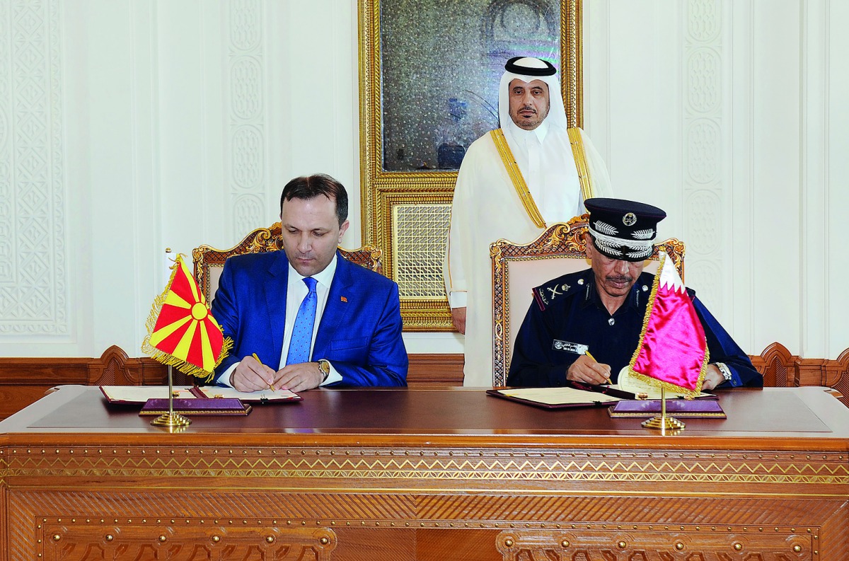Prime Minister and Interior Minister H E Sheikh Abdullah bin Nasser bin Khalifa Al Thani witnessing the signing of a Letter of Intent for security cooperation between the Ministry of the Interior of the State of Qatar and the Ministry of Interior of the R