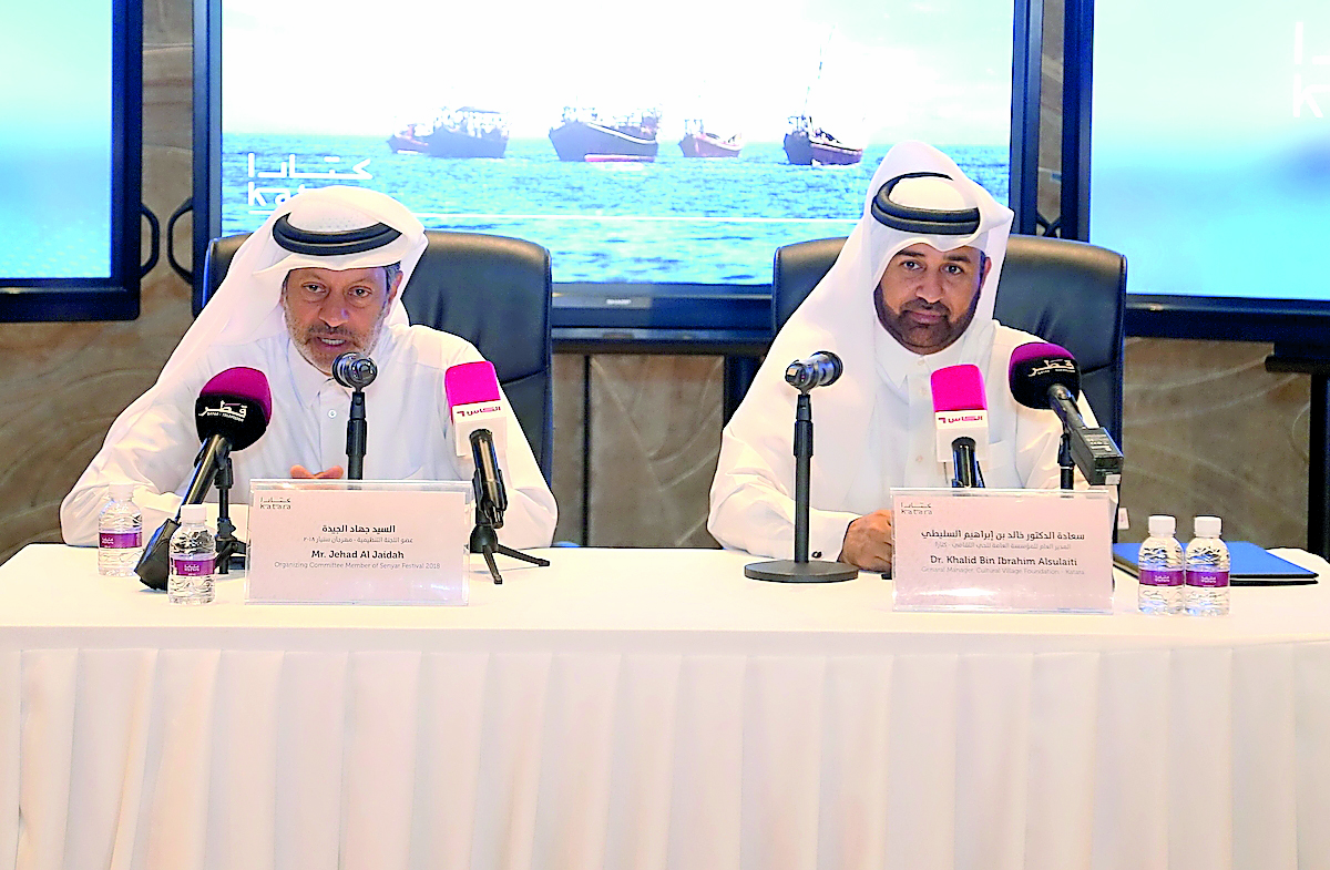Dr Khalid bin Ibrahim Al Sulaiti (right), Katara General Manager and  Jihad Al Jaidah, member of 7th Senyar organising committee, speaking at a press conference at Katara, yesterday.