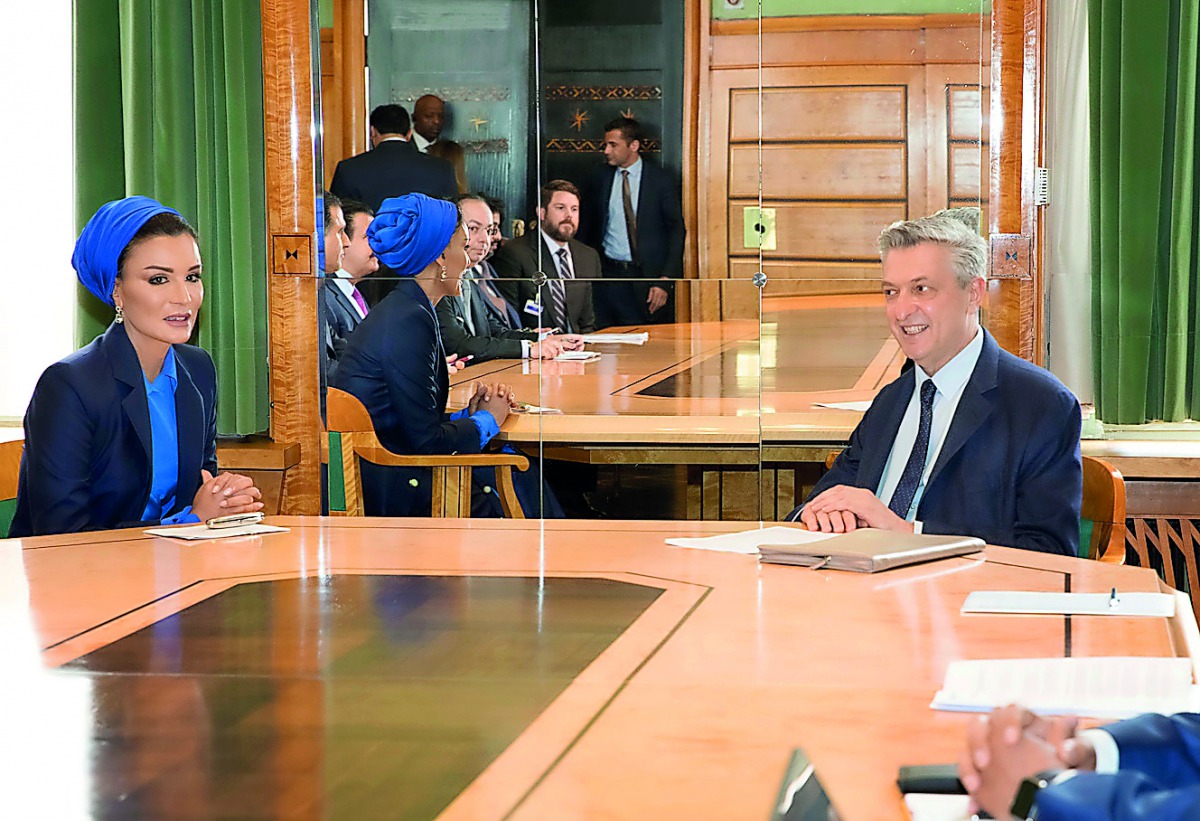 H H Sheikha Moza bint Nasser meets with UN High Commissioner for Refugees, Filippo Grandi, in Geneva yesterday.  Pics: Aisha Almusalam