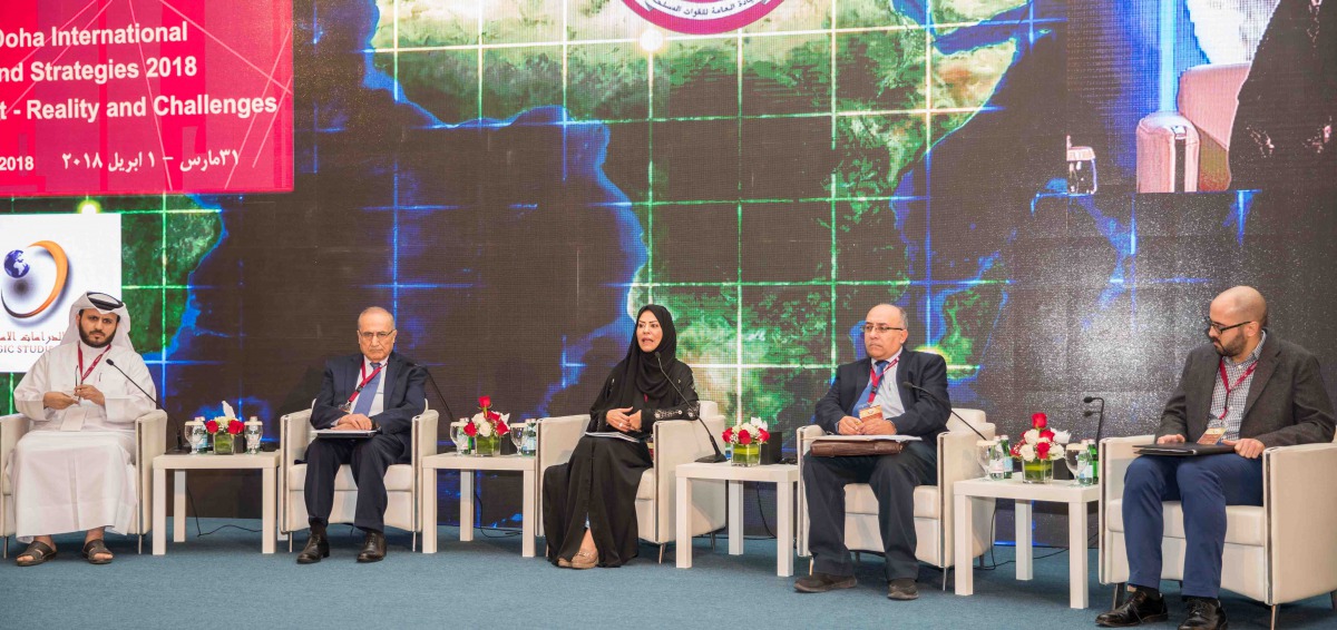 Experts during a panel discussion at the “6th Doha Forum for Policies and Strategies” organised by the Center for Strategic Studies of the Armed Forces in collaboration with the Arab Center for Research and Policy Studies, yesterday.