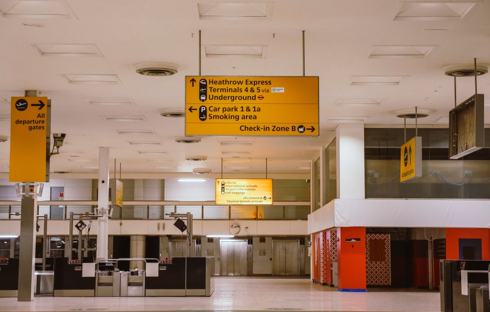A handout picture released by CA Global Partners (CAGP) on April 6, 2018 shows signage in place at the closed Terminal 1 building at Heathrow Airport in London. AFP photo / CAGP