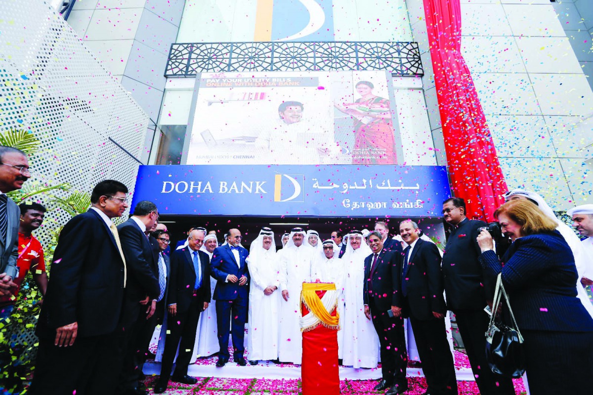 Doha Bank officials and other guests outside the newly-opened Chennai branch in Southern Indian state of Tamil Nadu. 