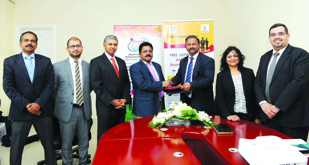 P Kumaran (third left), Ambassador of India to Qatar; with K M Varghese (centre), President of Indian Business and Professionals Council (IBPC); Rajesh Nair (third right), Managing Director, Trans Media International; and other officials during a function