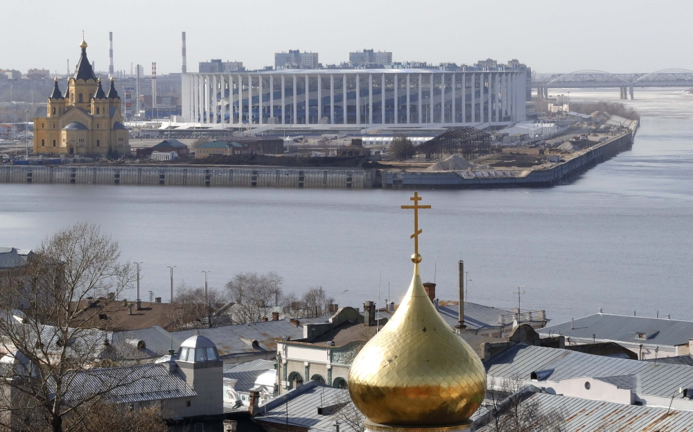 A view shows the Nizhny Novgorod Stadium (C, back), which will host matches of the 2018 FIFA World Cup, in Nizhny Novgorod, Russia April 9, 2018. REUTERS/Tatyana Makeyeva