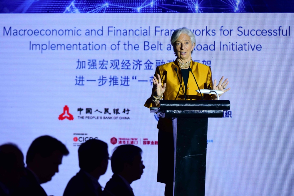Managing Director of the International Monetary Fund (IMF) Christine Lagarde speaks at the Joint People's Bank of China-International Monetary Fund High-Level Conference in Beijing on April 12, 2018. / AFP / WANG ZHAO