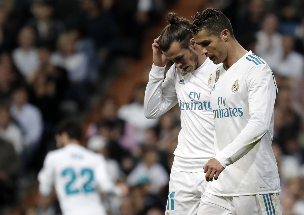 Cristiano Ronaldo (R) and Gareth Bale (L) of Real Madrid are seen during the La Liga soccer match between Real Madrid and Athletic Bilbao at Santiago Bernabeu Stadium in Madrid, Spain on April 18, 2018. Burak Akbulut - Anadolu
