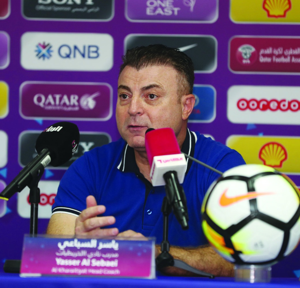 Al Kharaitiyat coach Yasser Al Sebaei speaking to journalists in this  file picture. 