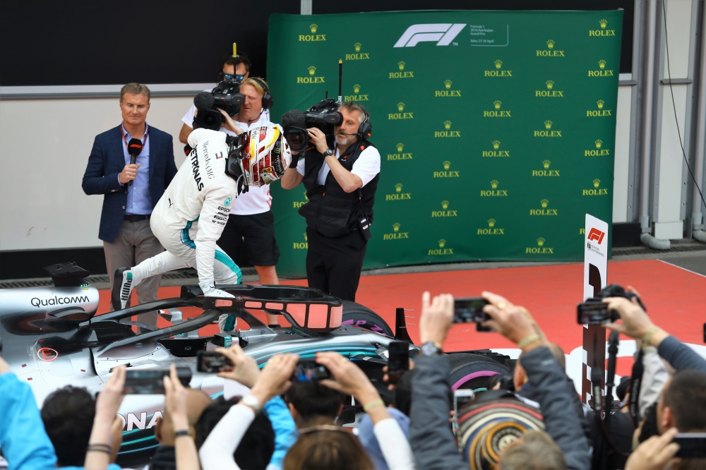 Lewis Hamilton of Mercedes celebrates after winning the first place of the 4th round of Formula One World Championship Azerbaijan Grand Prix, on April 29, 2018 in Baku, Azerbaijan. Resul Rehimov - Anadolu
