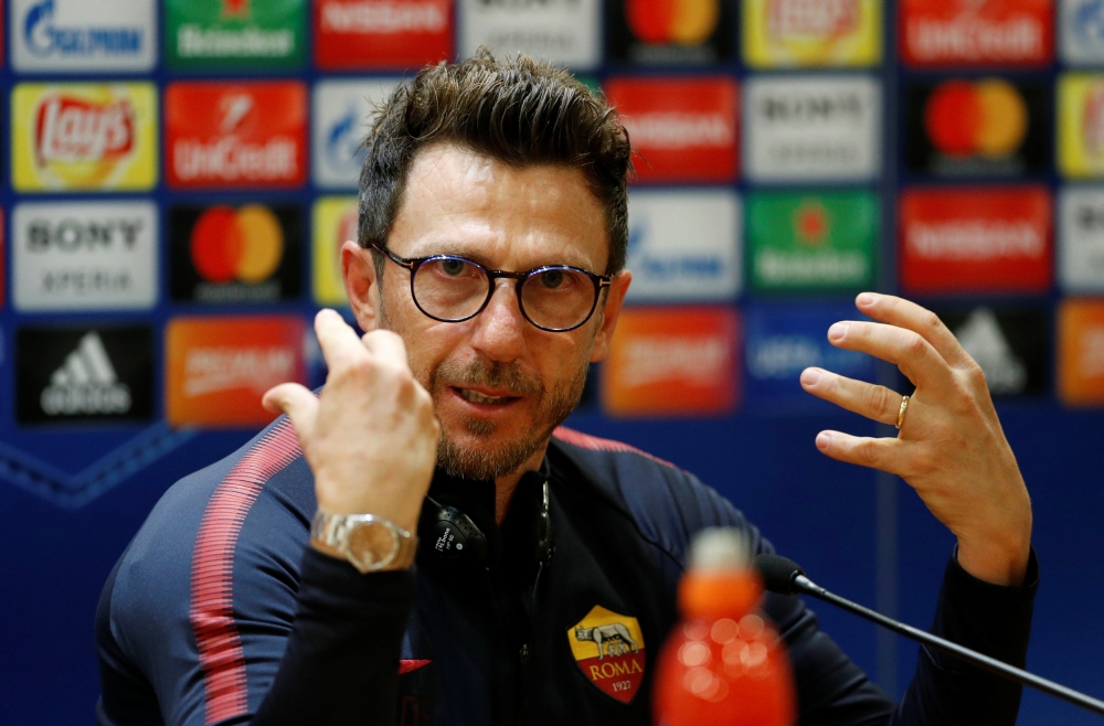 Roma coach Eusebio Di Francesco during the press conference. Reuters/John Sibley
