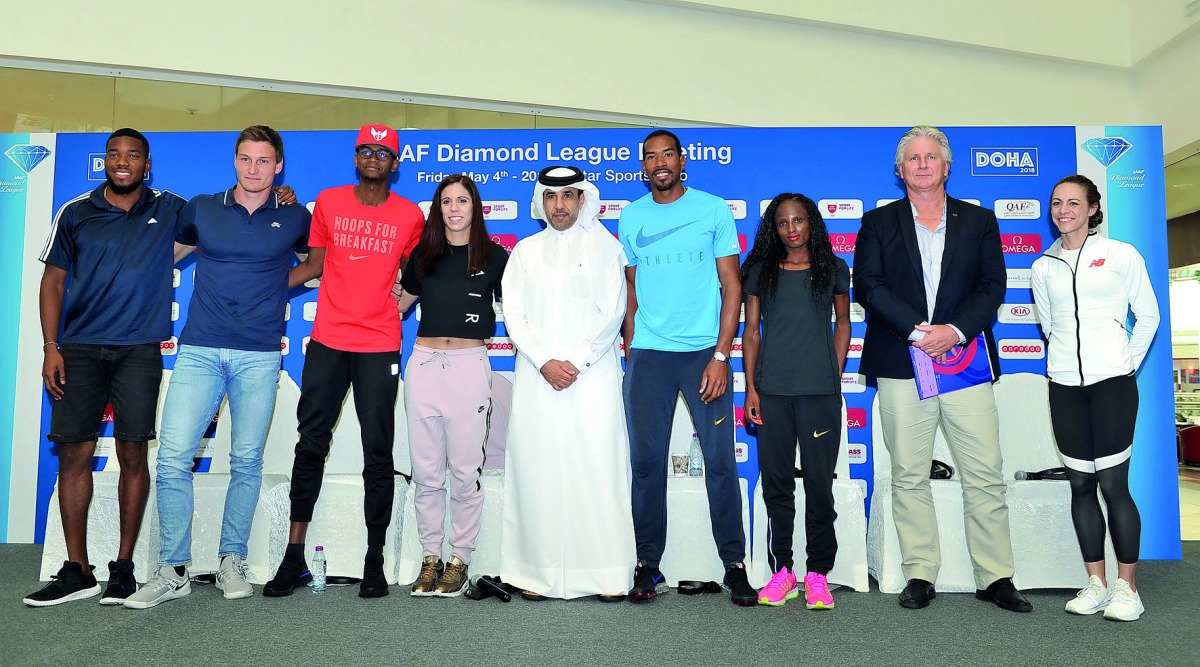 FROM LEFT: Great Britain’s Nathaneel Mitchell-Blake, Thomas Rohler of Germany,  Qatar’s high-jumper Mutaz Essa Barshim, Katerina Stefanidi of Greece, Qatar Athletics Federation (QAF) President Dr Thani bin Abdulrahman Al Kuwari, Christian Taylor of the US