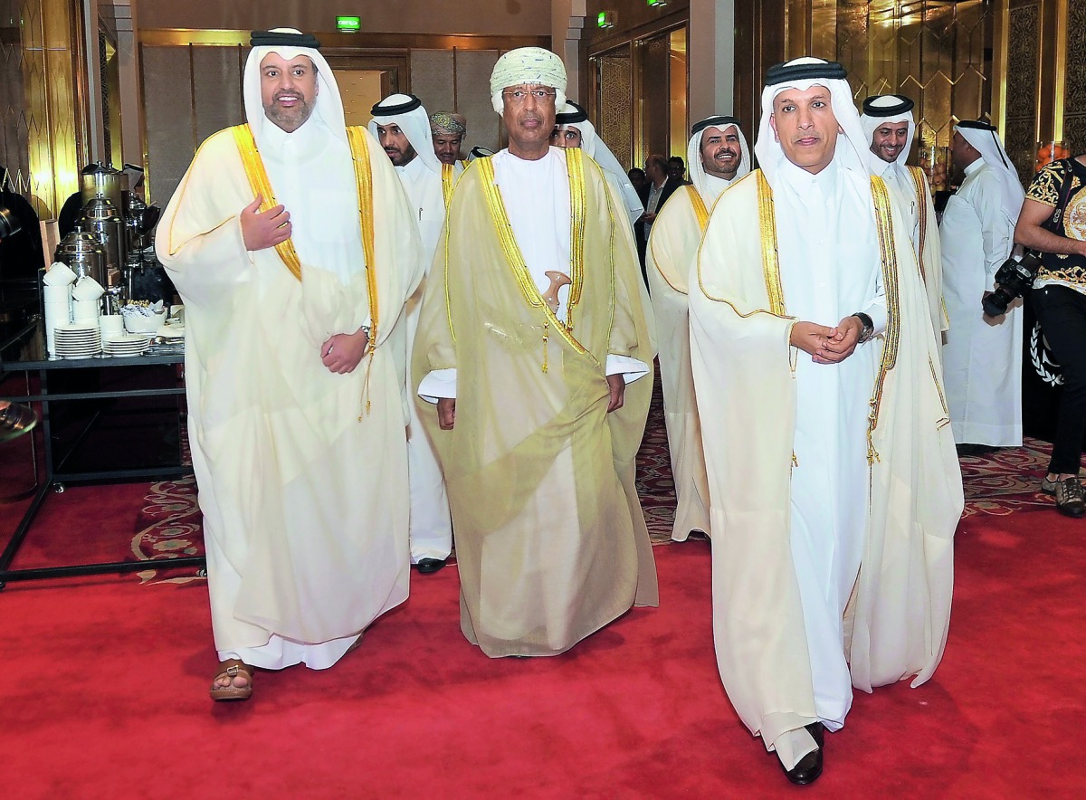 Minister of Finance H E Ali Shareef Al Emadi (right); Minister of Economy and Commerce H E Sheikh Ahmed bin Jassim Al Thani (left); and Minister of Financial Affairs of Oman, H E Darwish bin Ismail bin Ali Al Balushi (centre), during the Qatari-Omani Join