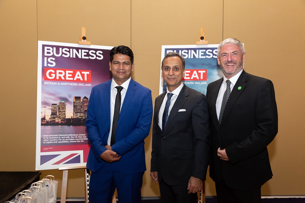 Ajay Sharma (centre), British Ambassador to Qatar with  Muhamed Farooque (left), CEO of Excelledia; and Noel Johnston, Director of the Doha office of Invest Northern Ireland. 